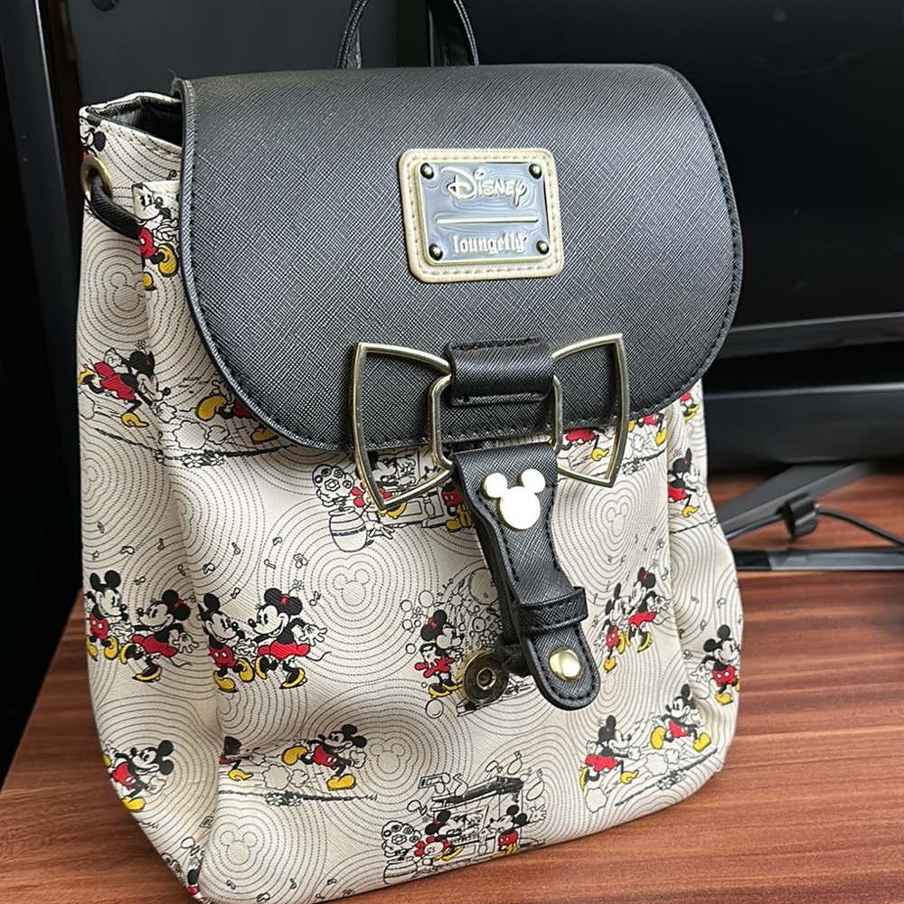Loungefly Black and Cream Backpack with Floral Design